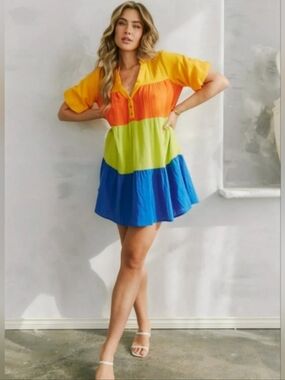 277 Peach Love California Colorblock Dress/Tunic in Yellow, Orange, Lime & Blue